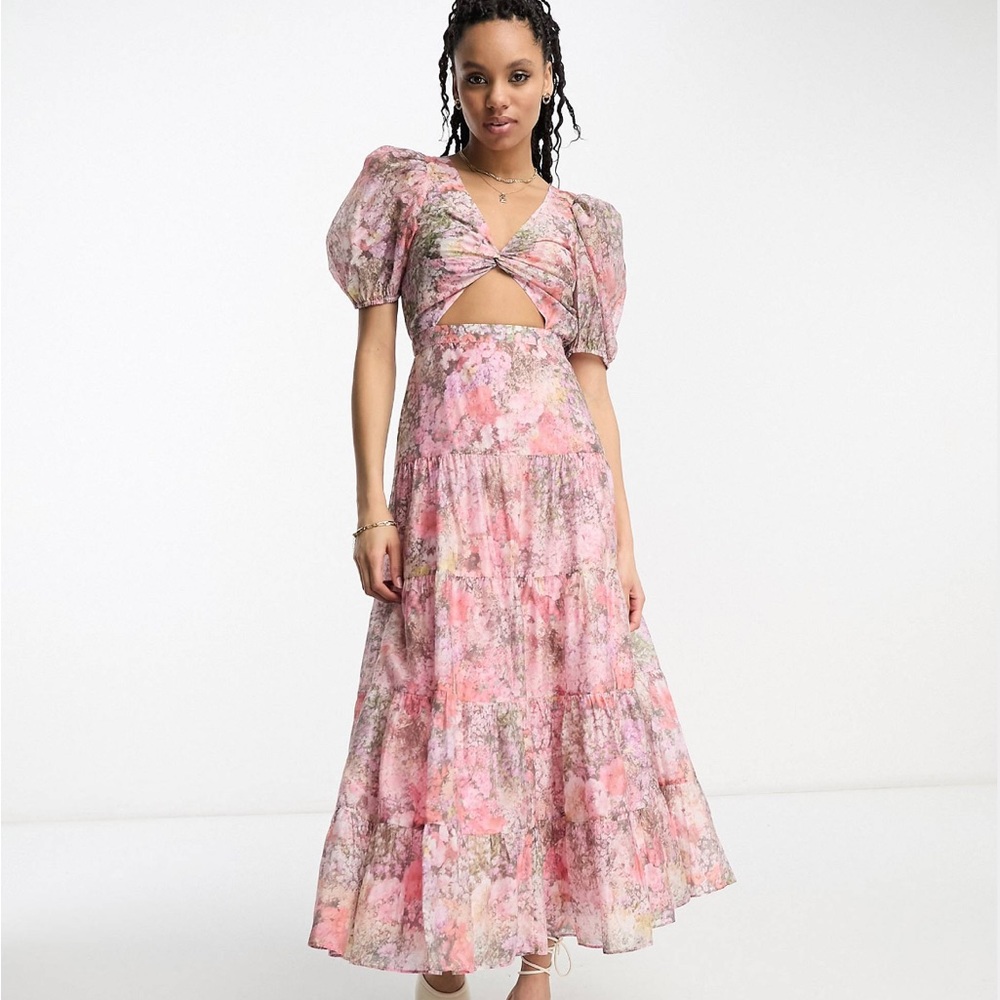 & Other Stories cut-out tiered midaxi dress in pink floral sz 2 (EU Sz 34)